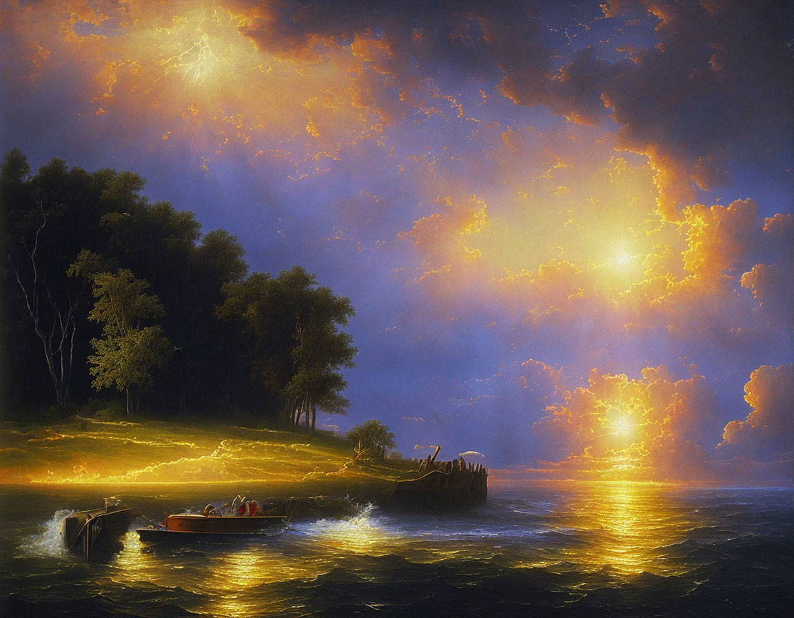Scenic sunset lake painting with boat, sunken ship, vibrant sky, and lush trees