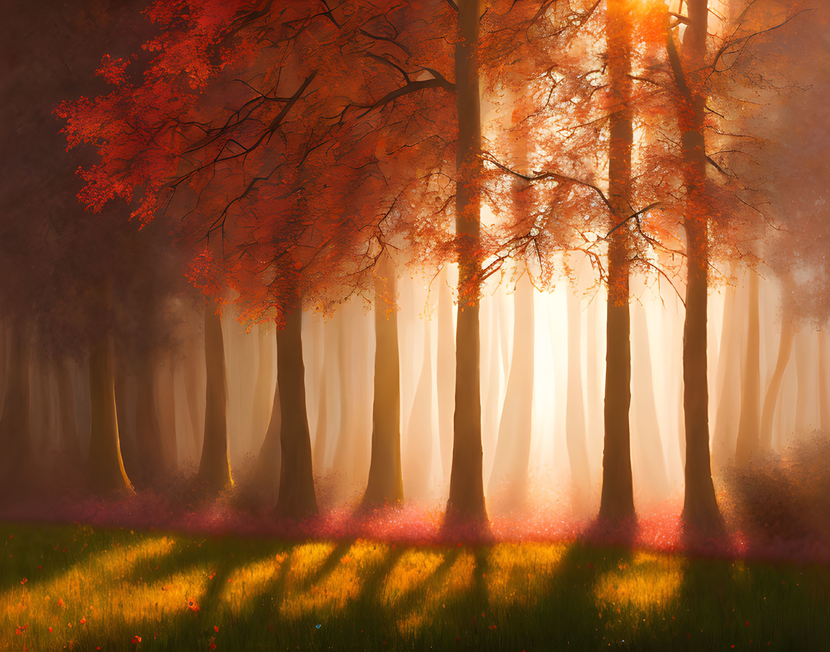 Misty forest with vibrant orange and red foliage in sunlight