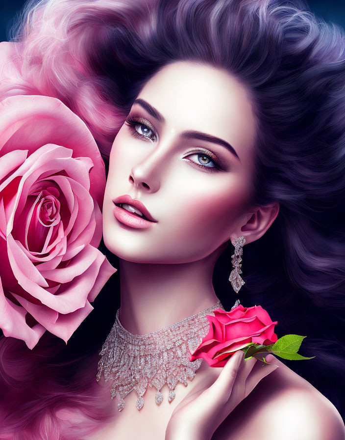 Digital Artwork: Woman with Flowing Hair, Vibrant Makeup, Jewelry, and Rose on Pink