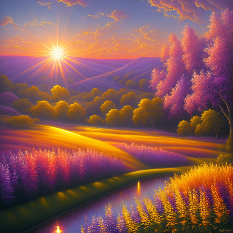 Colorful Sunset Landscape with Trees, River, and Purple Flowers