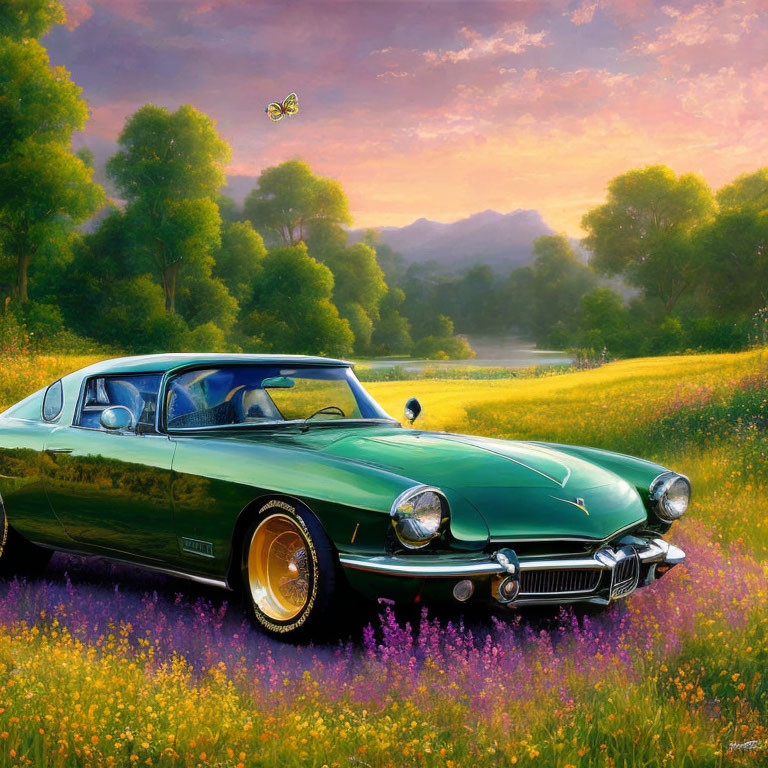 Vintage Green Car Parked in Meadow with Mountain Background and Butterfly Sky