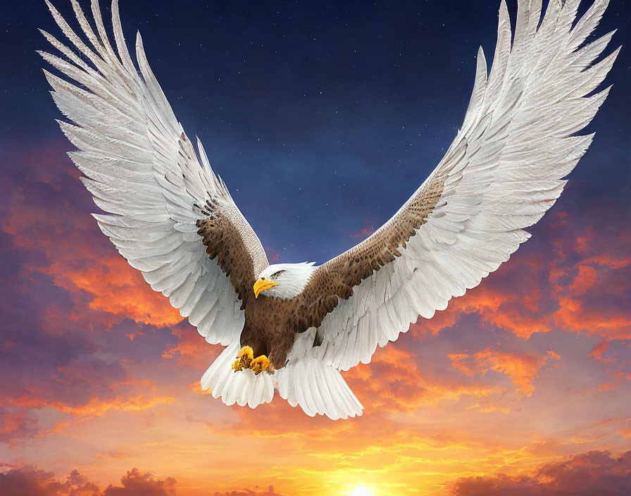 Majestic bald eagle soaring in dramatic sky at sunset