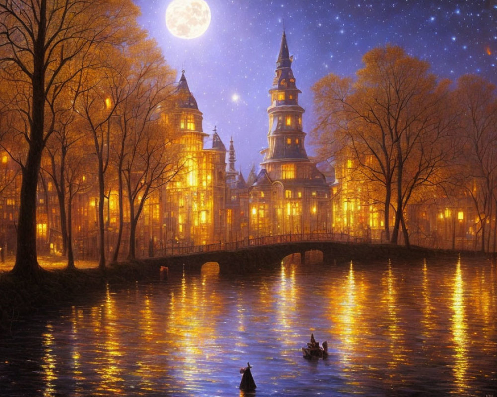 Grand illuminated castle reflected in tranquil river under moonlit sky.