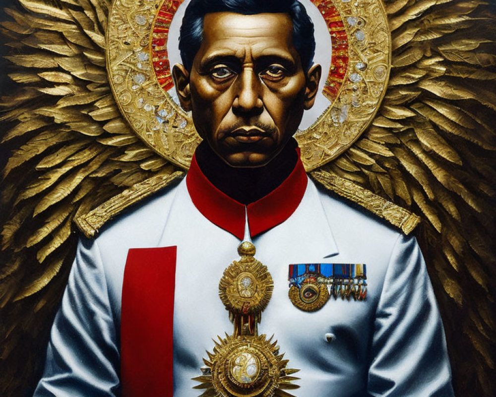 Man in Military Uniform with Medals and Angelic Wings on Textured Background