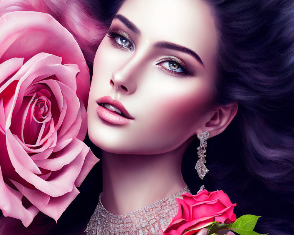 Digital Artwork: Woman with Flowing Hair, Vibrant Makeup, Jewelry, and Rose on Pink