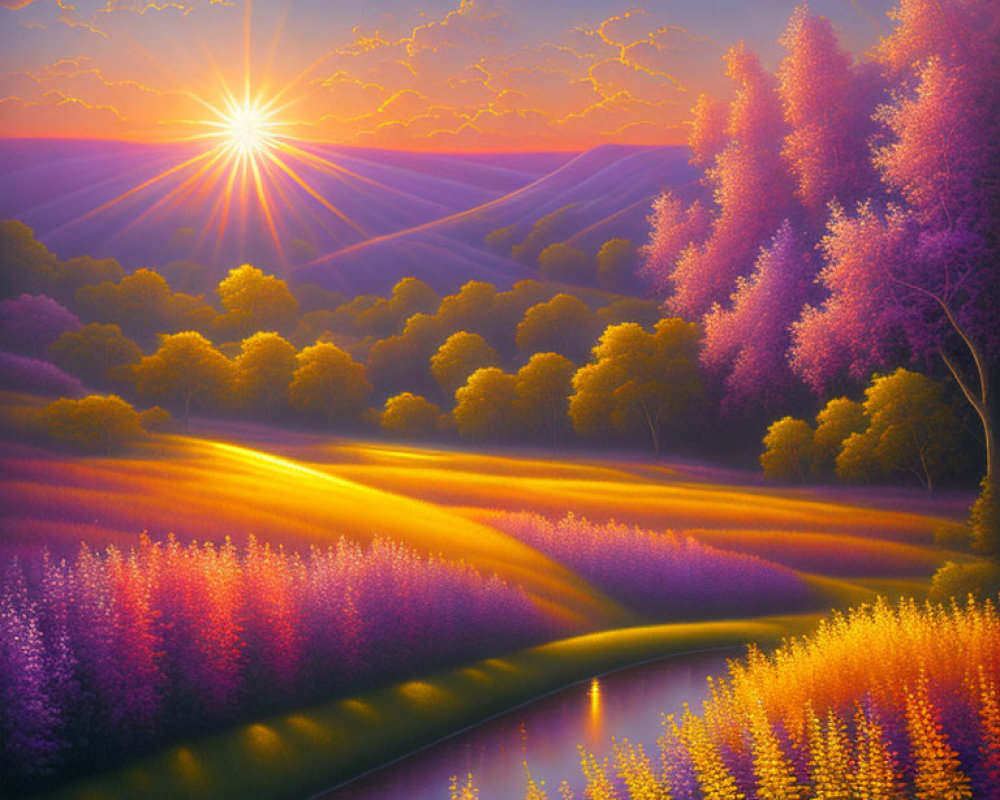Colorful Sunset Landscape with Trees, River, and Purple Flowers