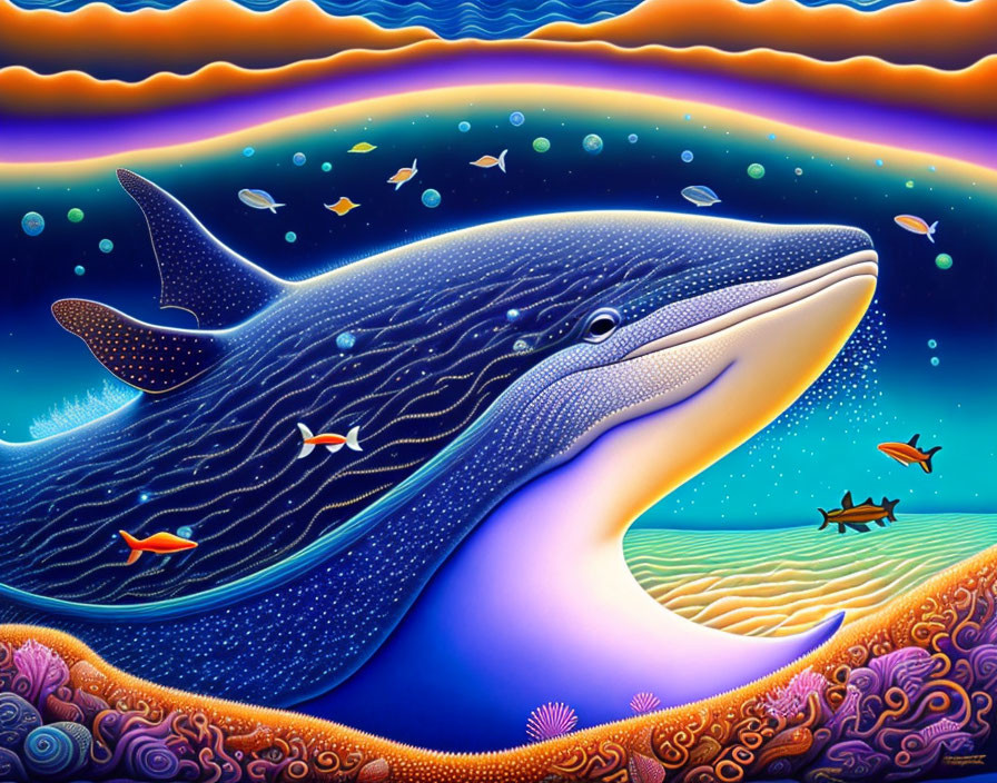 Colorful Smiling Whale in Psychedelic Ocean Scene