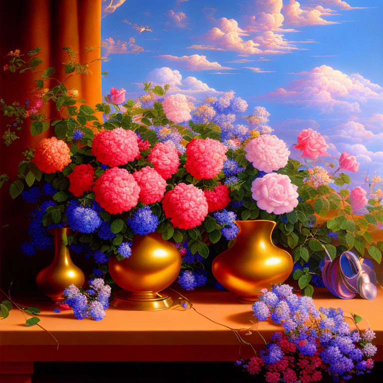 Colorful hydrangeas and roses in golden vases under dreamy sky with clouds