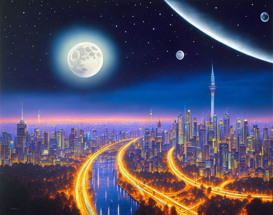 Futuristic cityscape at night with glowing skyscrapers and celestial bodies