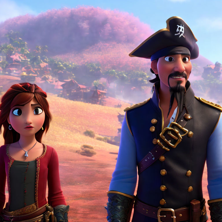 Male pirate and female character in colorful village with purple tree.