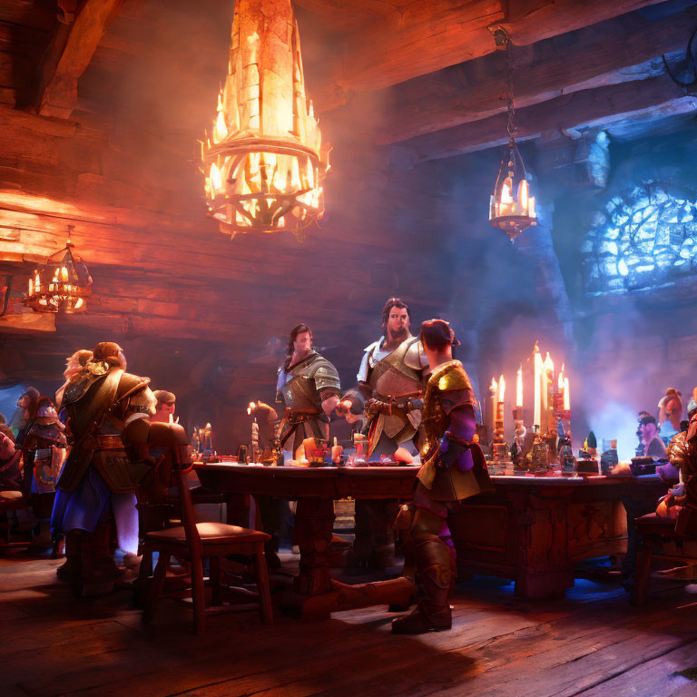 Medieval characters feasting in warmly lit tavern