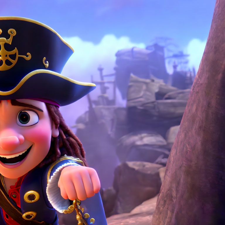 Cheerful animated pirate with tricorn hat, sword, and shipwrecks in misty