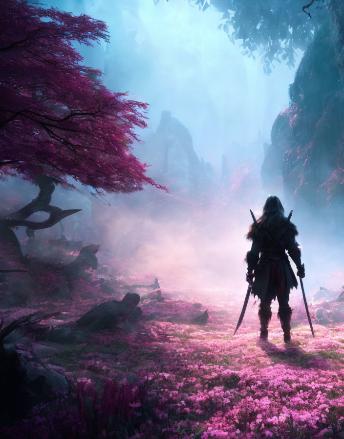 Solitary warrior in mystical forest with pink foliage and foggy atmosphere