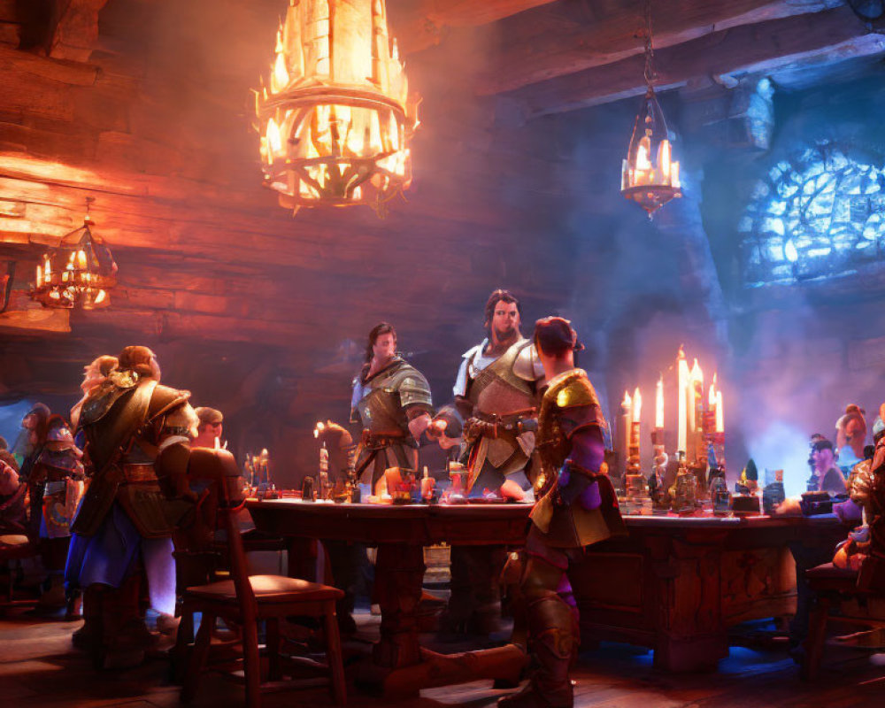 Medieval characters feasting in warmly lit tavern