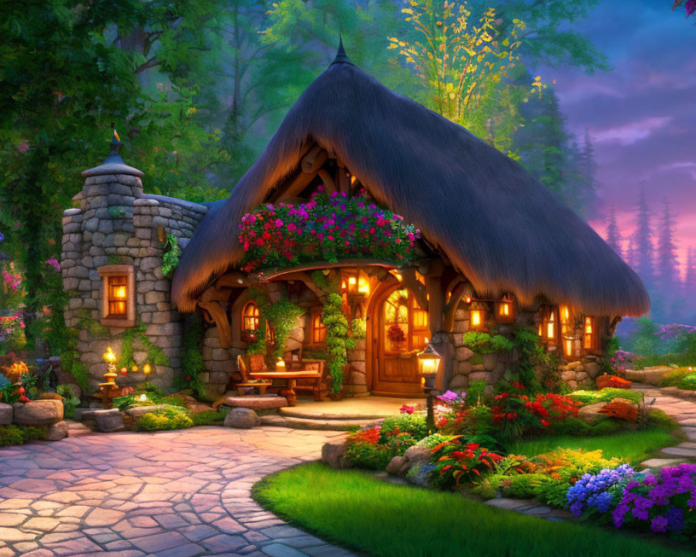 Charming Thatched Cottage with Glowing Lights and Gardens at Twilight