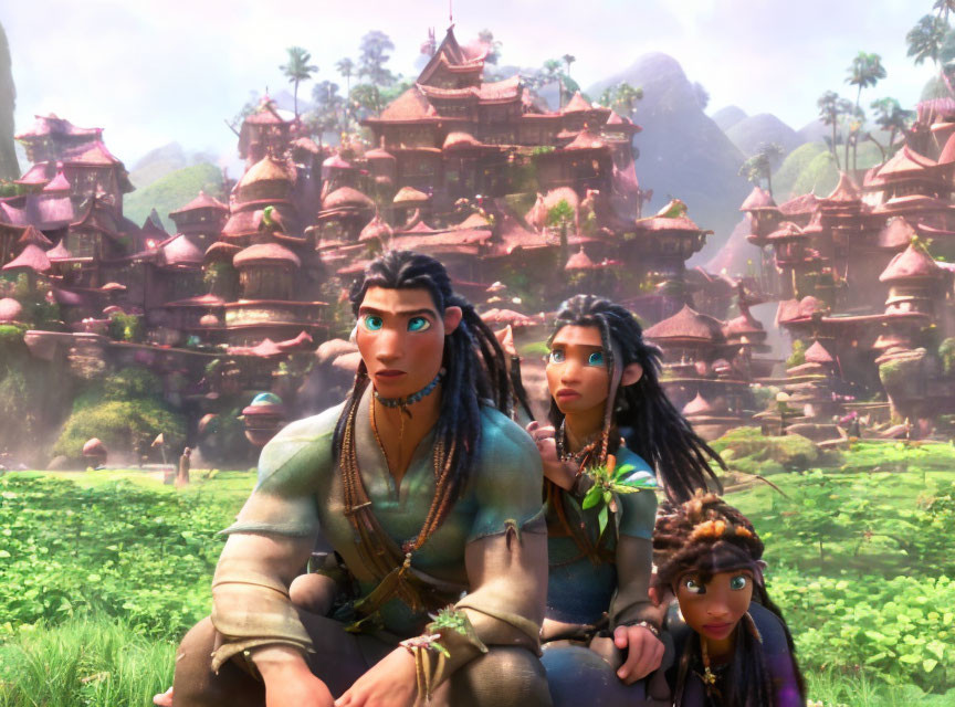 Animated characters in lush green landscape with traditional-style buildings