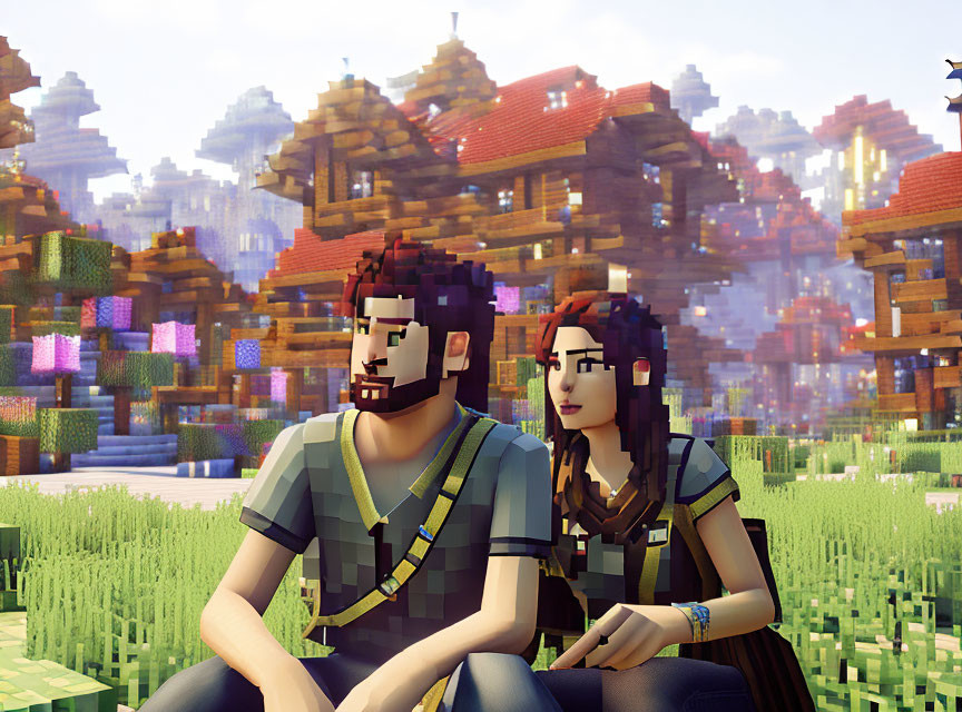 Pixelated characters in grassy landscape with Minecraft-style elements