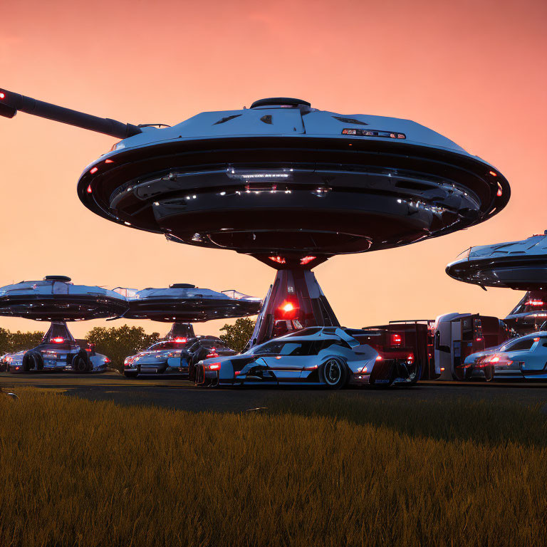 Futuristic sci-fi scene: flying saucers, cars, and glowing sky