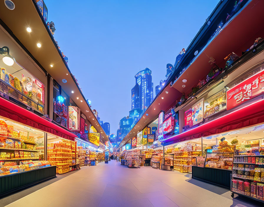 Vibrant outdoor shopping alley at dusk with illuminated storefronts and high-rise buildings