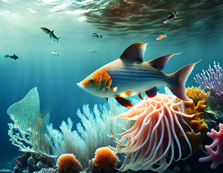 Colorful Fish and Marine Life in Vibrant Underwater Scene