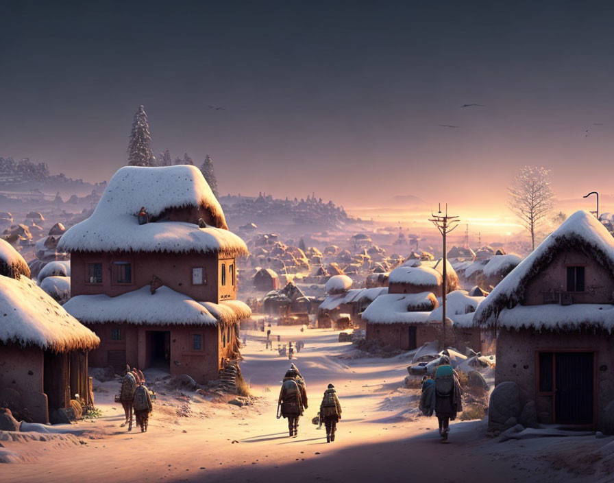 Snow-covered winter village at dusk with thatched-roof houses and warm glow.