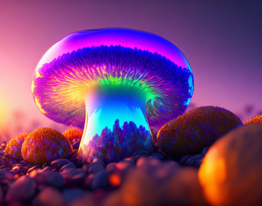 Colorful psychedelic jellyfish-like entity in surreal landscape