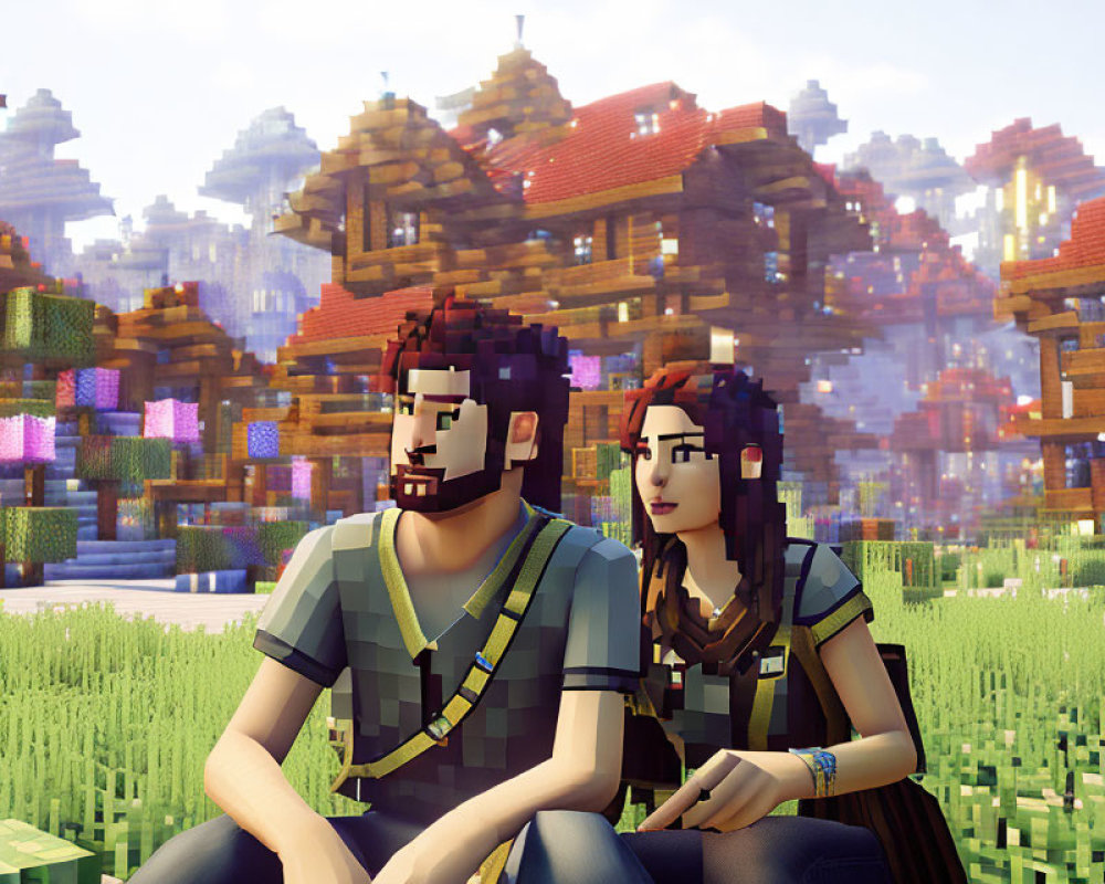 Pixelated characters in grassy landscape with Minecraft-style elements