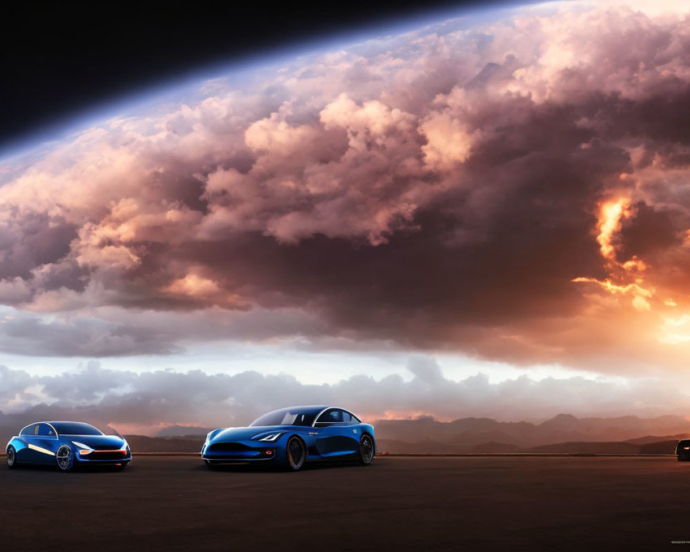 Sleek cars under dramatic sunset sky in barren landscape