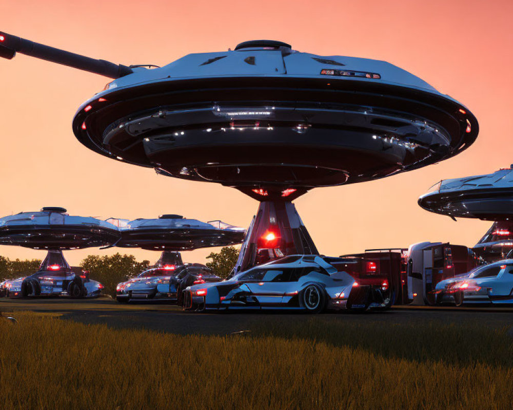Futuristic sci-fi scene: flying saucers, cars, and glowing sky