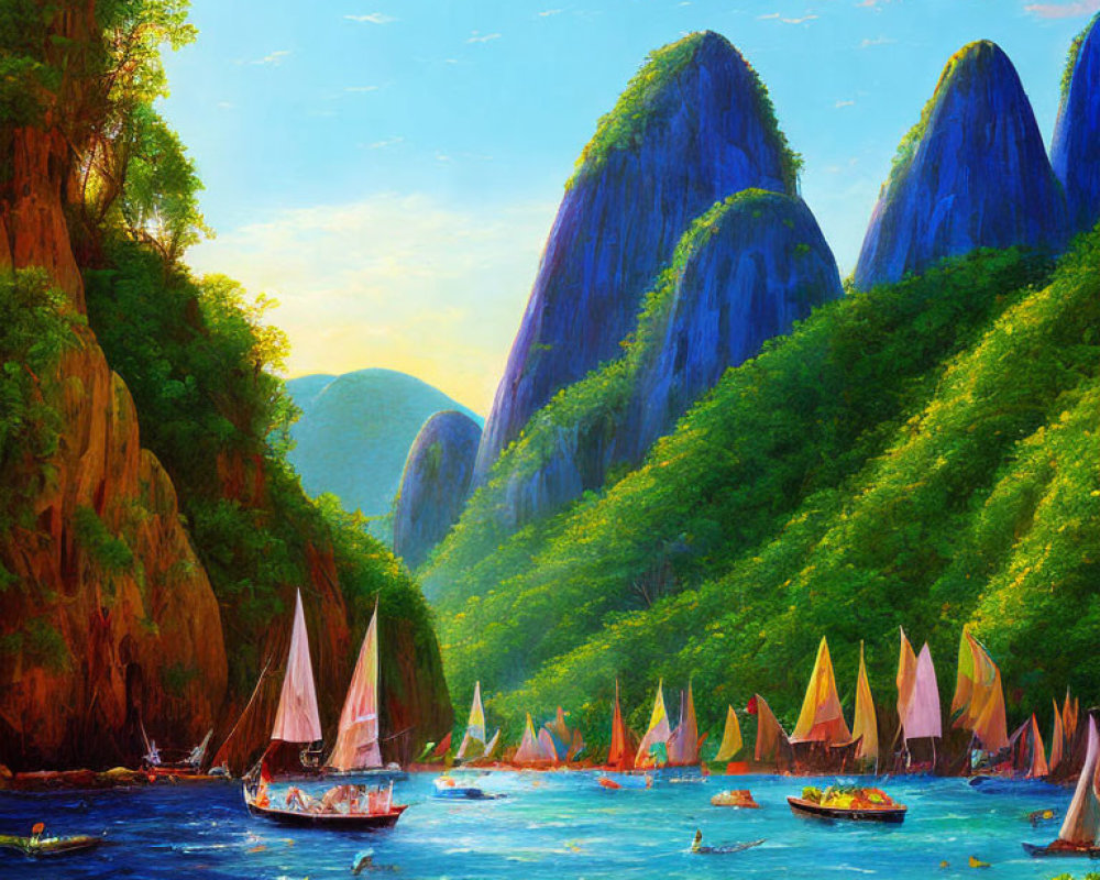 Colorful sailboats on calm river with green hills and blue sky