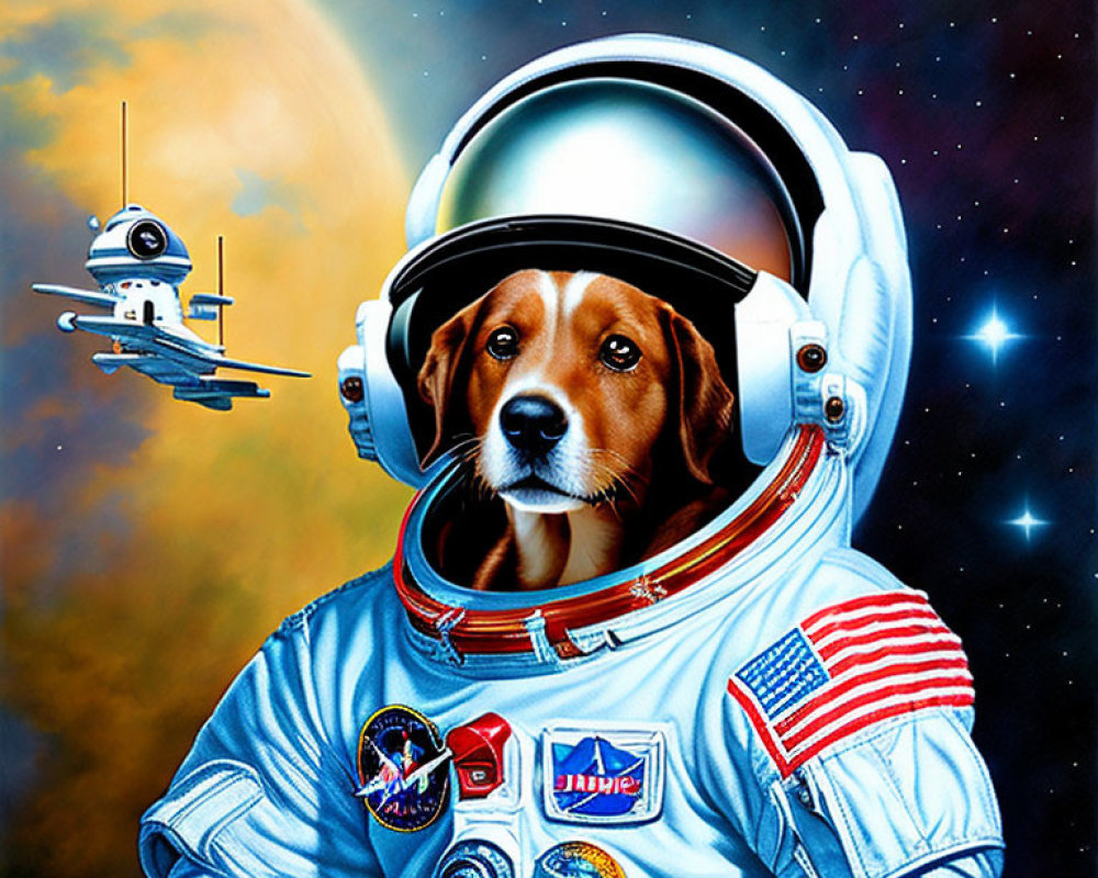 Whimsical dog astronaut in cosmic setting with stars and spacecraft