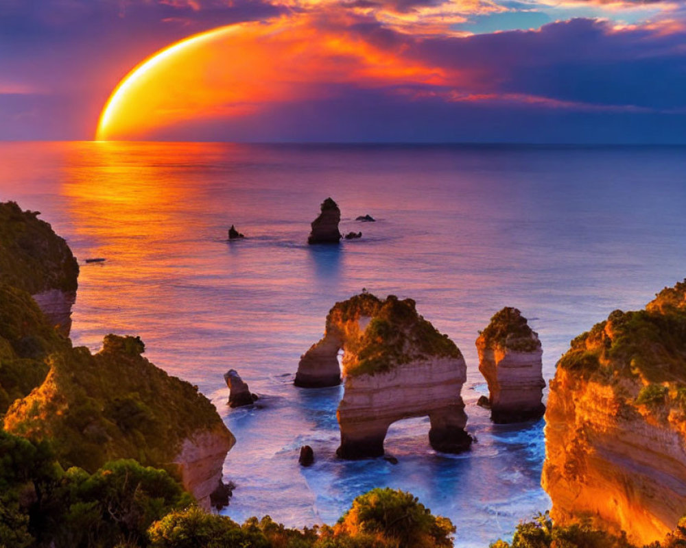 Scenic coastal landscape with vibrant sunset and rock formations