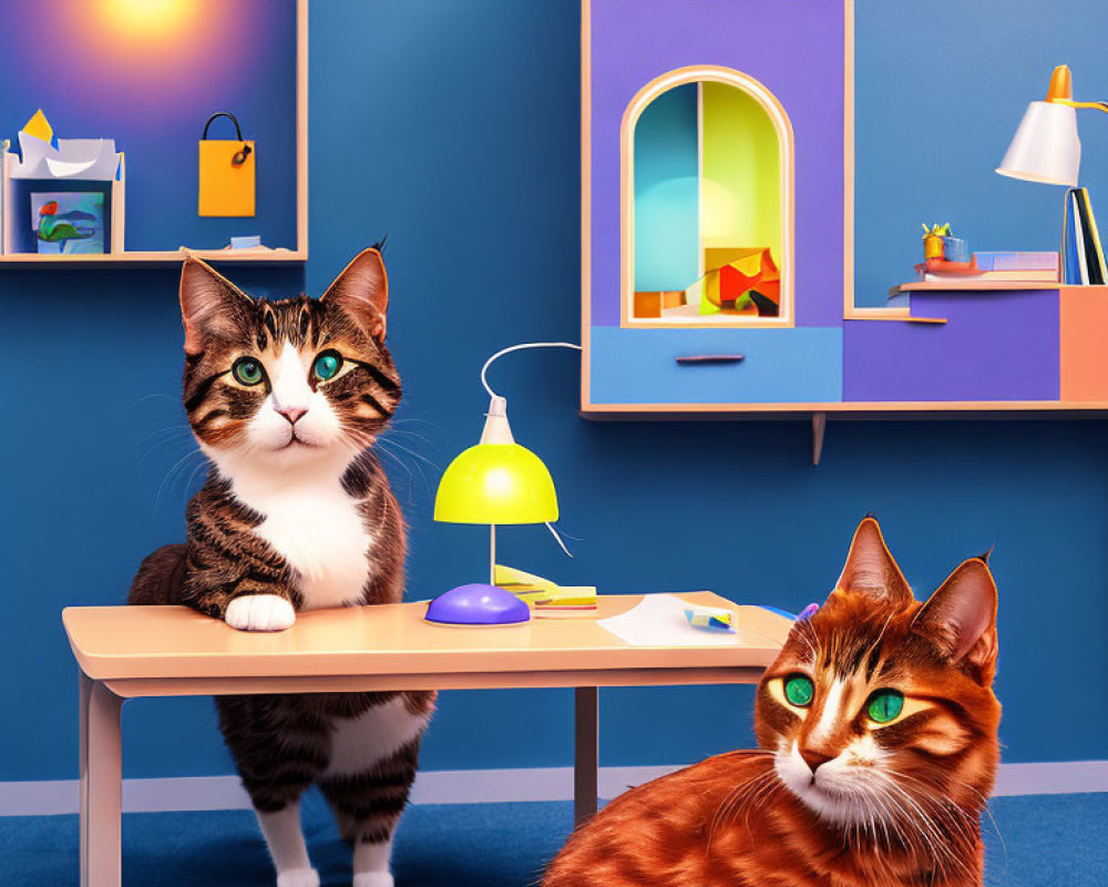 Vibrant colored stylized room with two animated cats in different poses