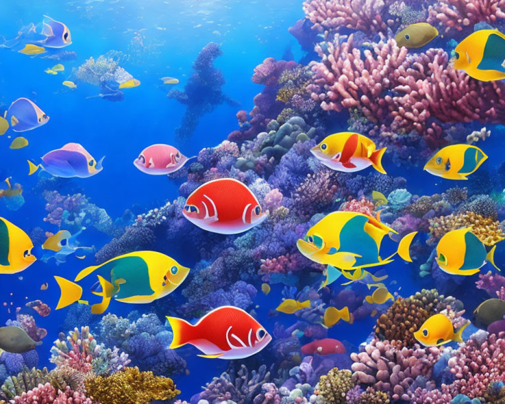 Vibrant tropical fish and coral reef in clear blue water