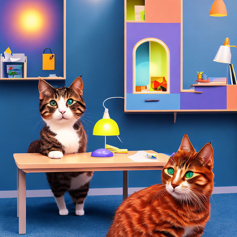 Vibrant colored stylized room with two animated cats in different poses