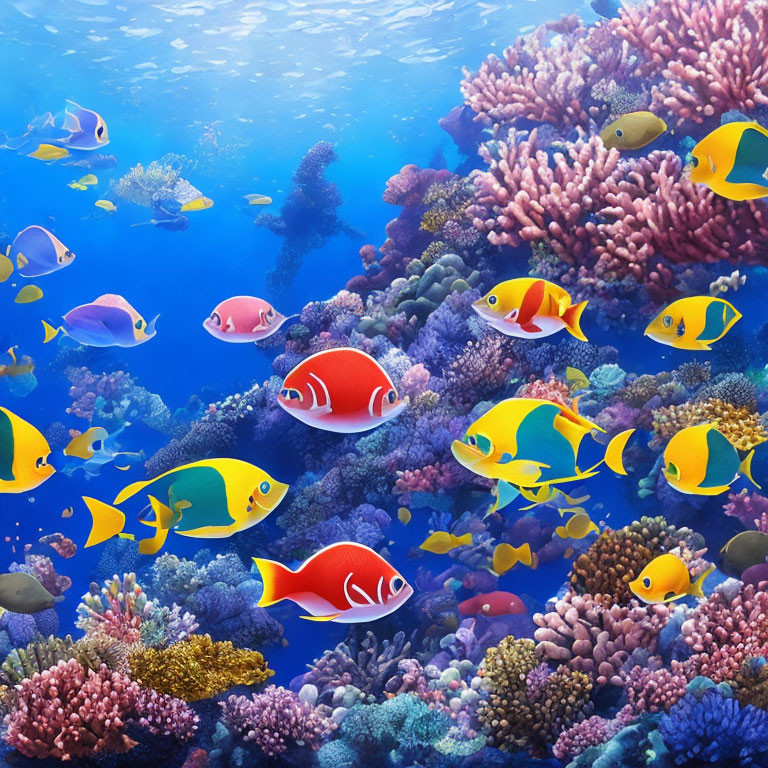 Vibrant tropical fish and coral reef in clear blue water