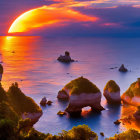 Scenic coastal landscape with vibrant sunset and rock formations