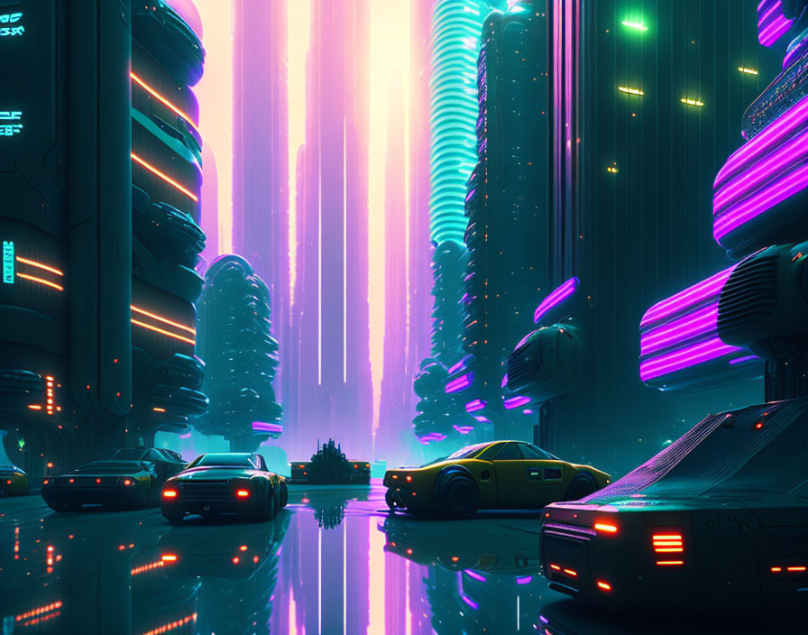 Futuristic neon-lit cityscape with skyscrapers and flying cars under pink and teal sky