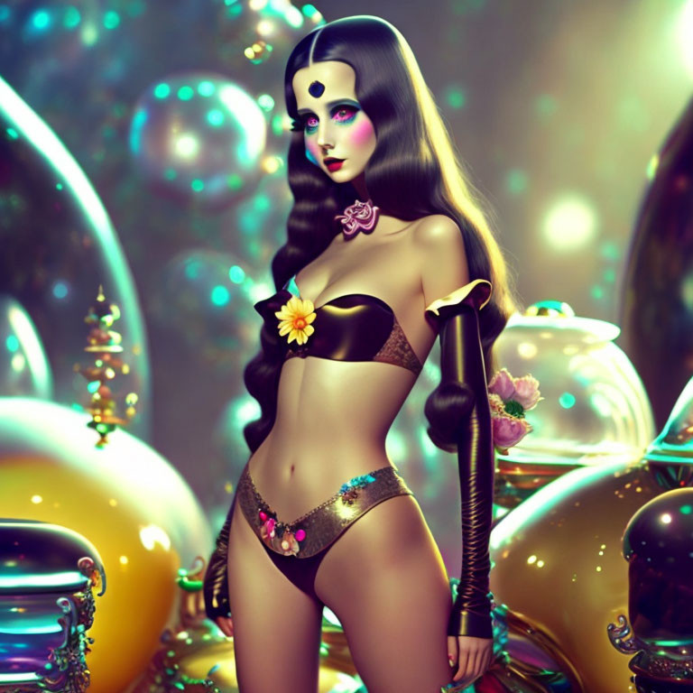 Stylized female figure in bikini with glossy skin against shimmering orbs and lights