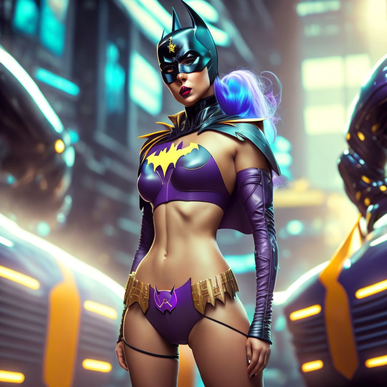 Stylized Batgirl costume against futuristic city backdrop