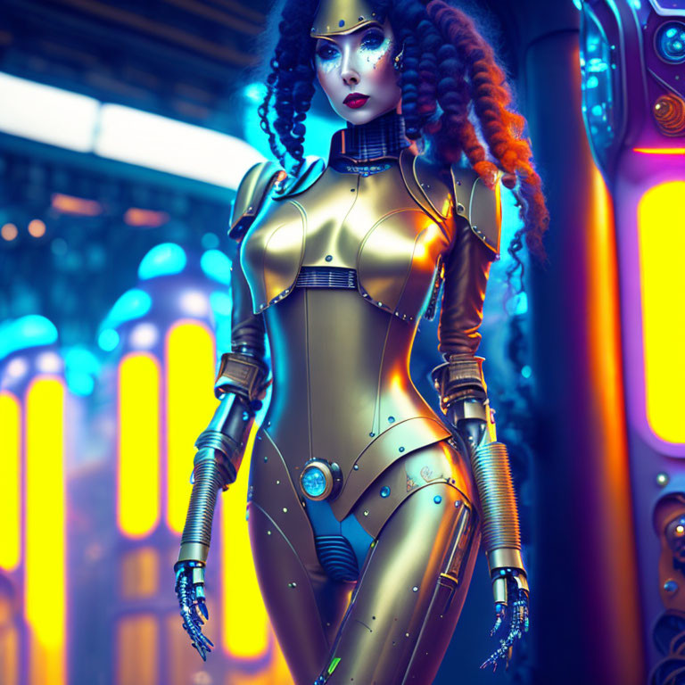 Digital illustration of woman in golden sci-fi armor with neon-lit background
