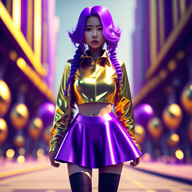 Futuristic purple-haired woman in gold outfit on glowing orb-lined street