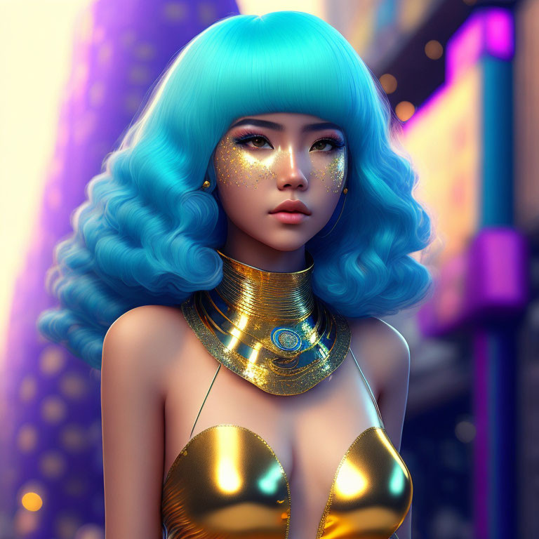Vibrant blue hair woman in futuristic golden attire portrait.