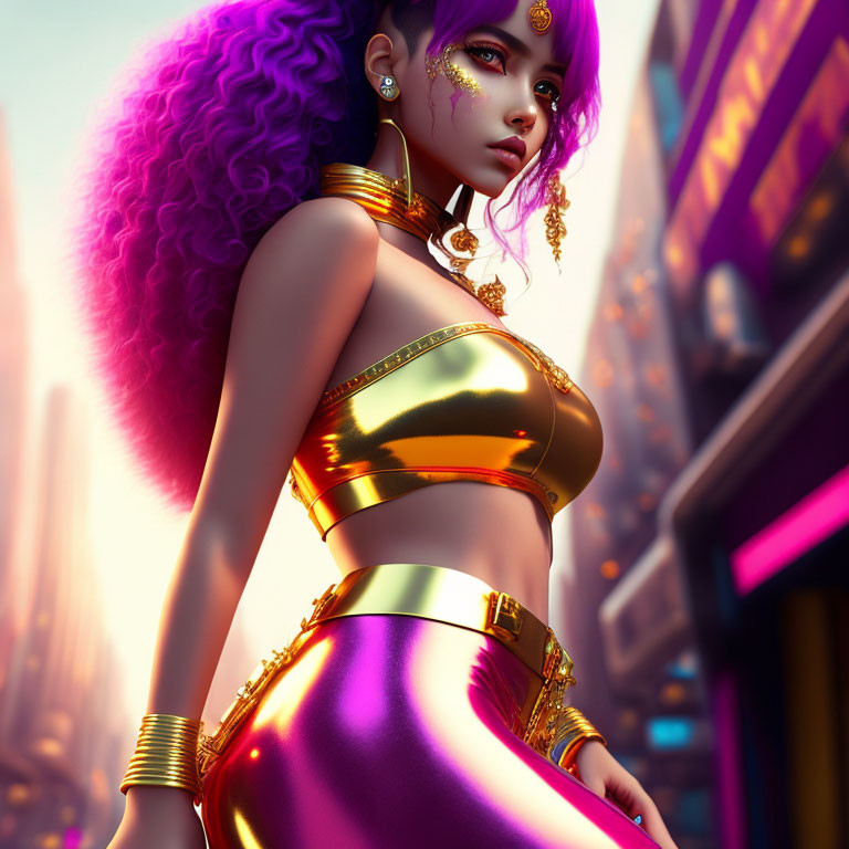 Voluminous purple hair, golden jewelry, metallic clothing in neon-lit city