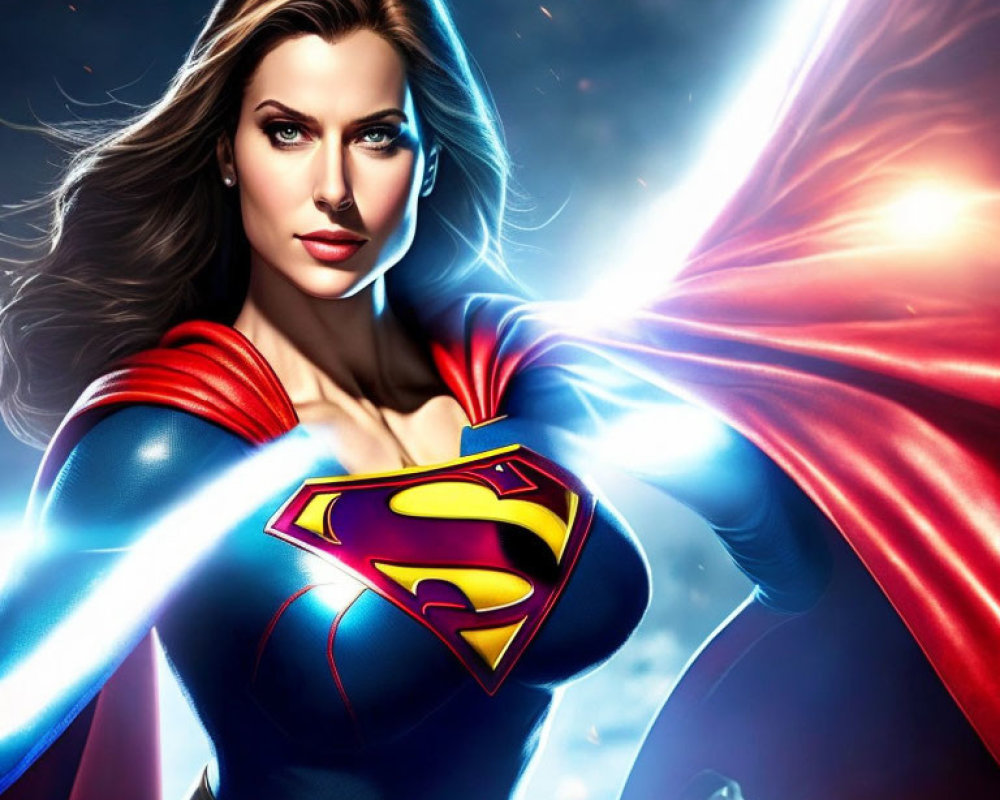 Female superhero with long hair in blue and red costume and "S" emblem under dynamic lighting.