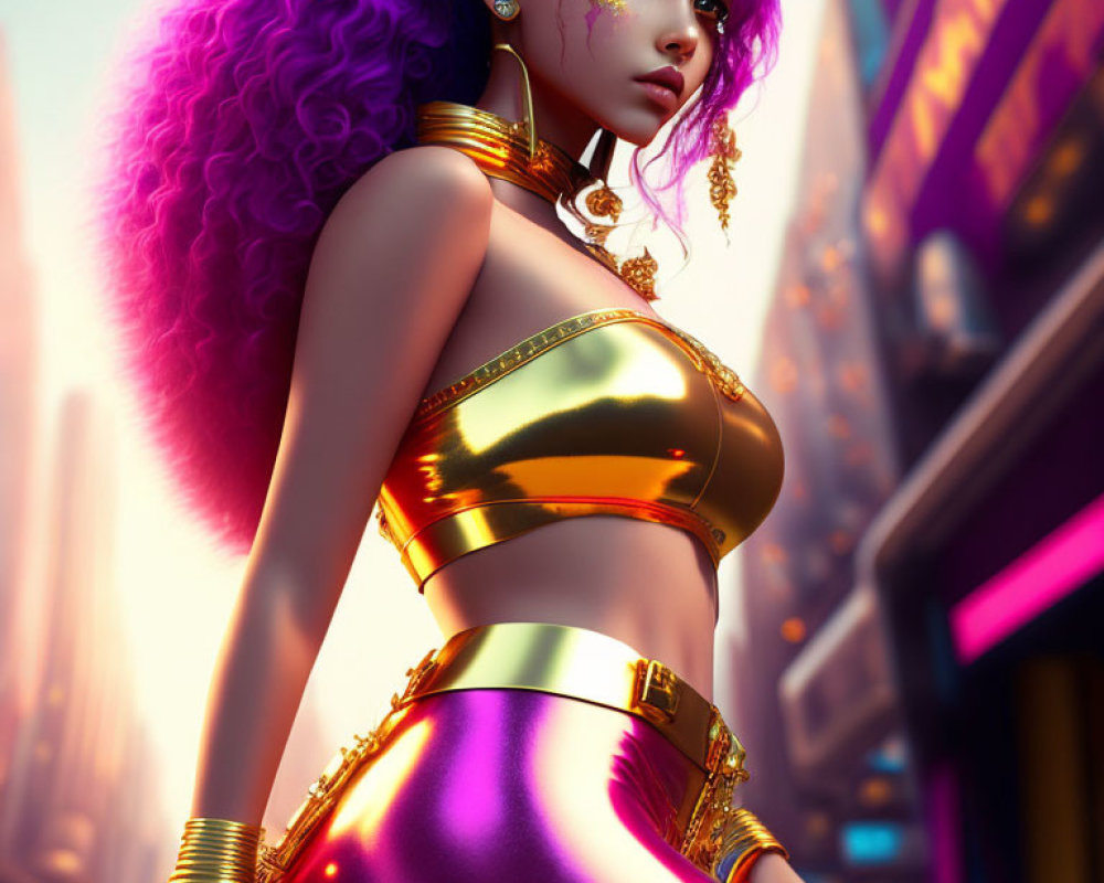 Voluminous purple hair, golden jewelry, metallic clothing in neon-lit city