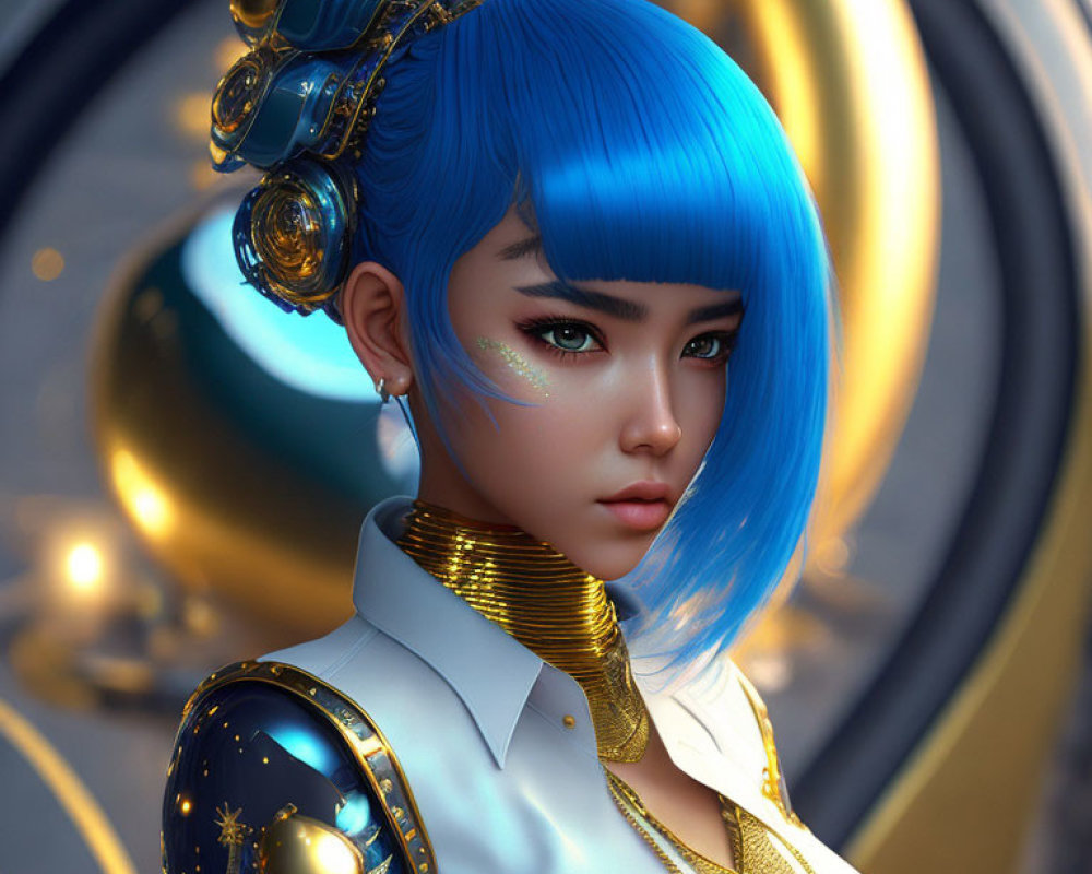Vibrant blue-haired female character in futuristic gold and blue uniform