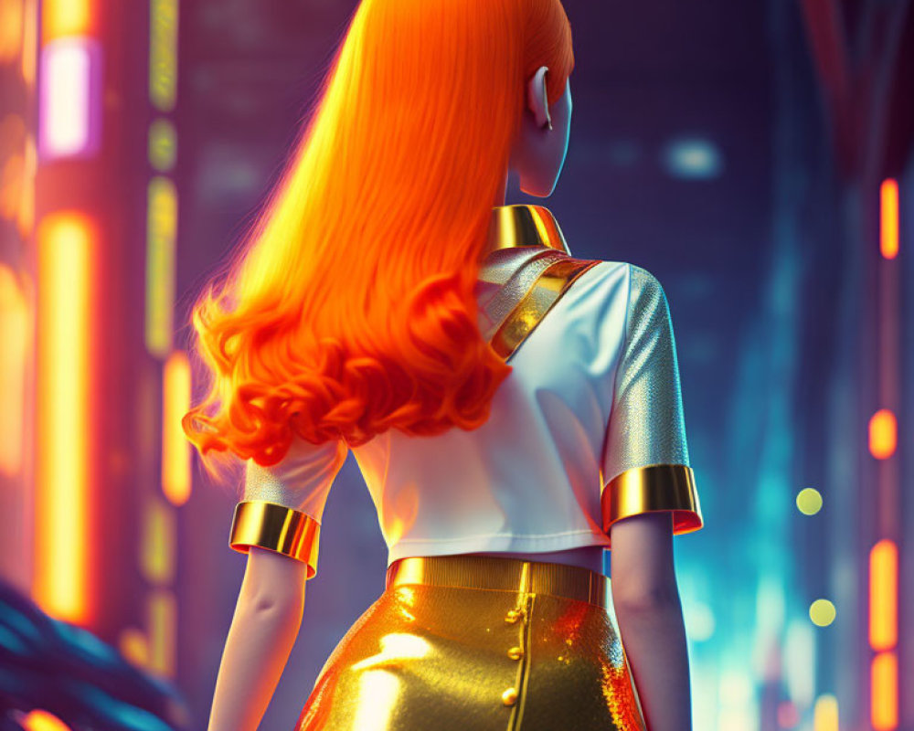 Vibrant orange hair and futuristic outfit in neon-lit urban scene
