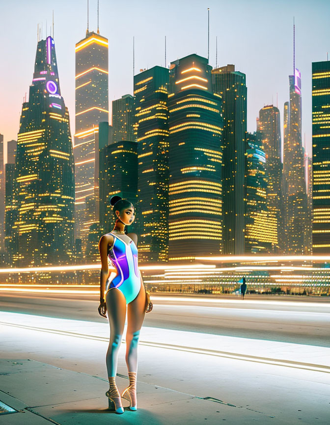 Futuristic cityscape with illuminated skyscrapers and woman in modern bodysuit