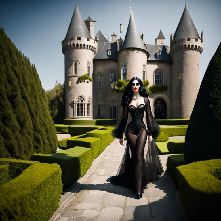 Woman in Black Costume with Cape and Sunglasses at Fairy-Tale Castle